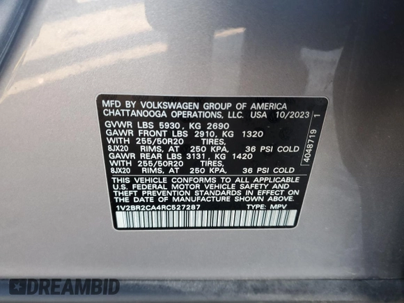 2024 Volkswagen Atlas SEL with VIN 1V2BR2CA4RC527287, listed as a Copart auction lot 41517555 with 22,347 mi miles and Salvage title. Bid and sale history available at DreamBid. Image 13.