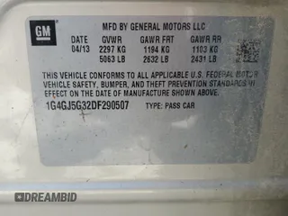 2013 Buick LaCrosse Touring with VIN 1G4GJ5G32DF290507, listed as a Copart auction lot 52973005 with 199,501 mi miles and Salvage title. Bid and sale history available at DreamBid. Image 13.