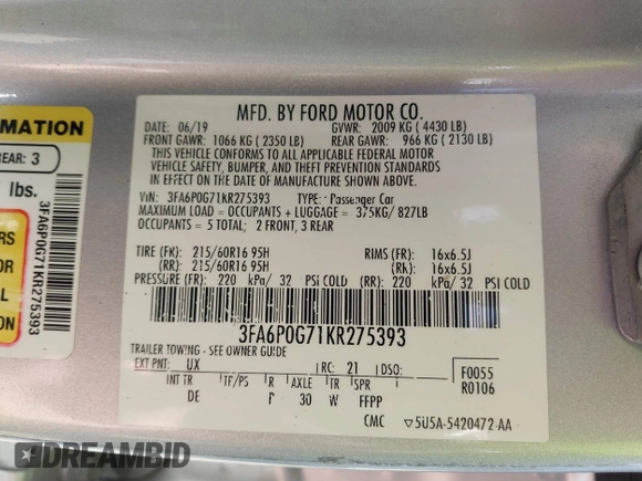 2019 Ford Fusion S with VIN 3FA6P0G71KR275393, listed as a IAAI auction lot 41827288 with 108,160 mi miles and . Bid and sale history available at DreamBid. Image 9.