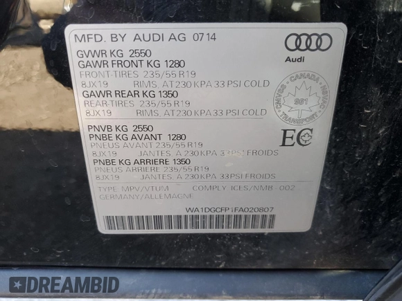 2015 Audi Q5 with VIN WA1DGCFP1FA020807, listed as a Copart auction lot 49667705 with 191,004 mi miles and Clean title. Bid and sale history available at DreamBid. Image 13.