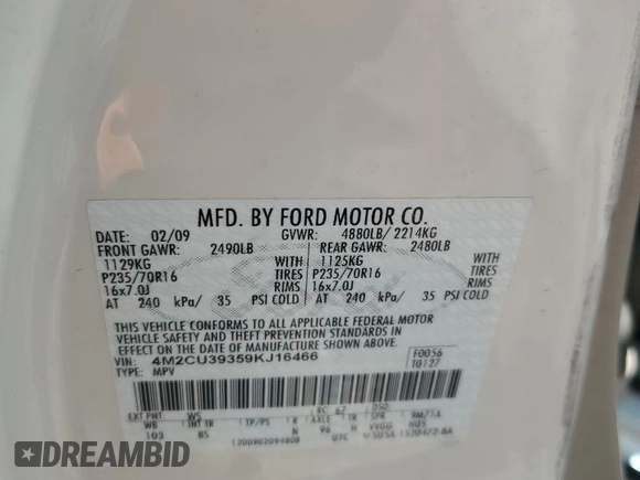2009 Mercury Mariner Hybrid with VIN 4M2CU39359KJ16466, listed as a Copart auction lot 57279615 with 351,095 mi miles and Salvage title. Bid and sale history available at DreamBid. Image 13.