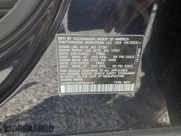 2023 Volkswagen Atlas SE with VIN 1V2KR2CA3PC545101, listed as a Copart auction lot 55264465 with 19,264 mi miles and Salvage title. Bid and sale history available at DreamBid. Image 13.