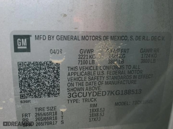 2019 Chevrolet Silverado 1500 LT with VIN 3GCUYDED7KG188513, listed as a Copart auction lot 45650185 with 148,459 mi miles and Salvage Title. Bid and sale history available at carsss.com. Image 16.