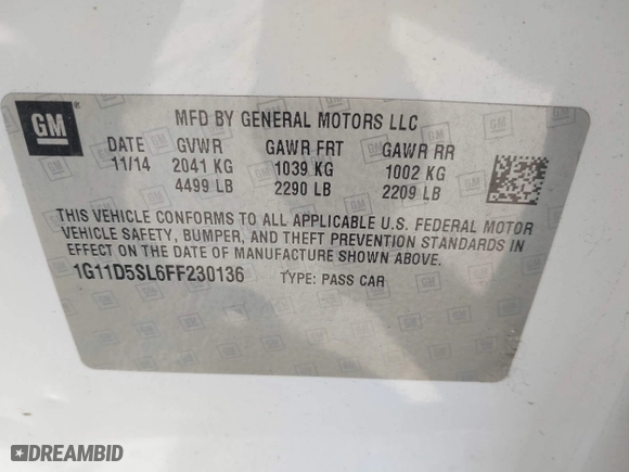 2015 Chevrolet Malibu LT with VIN 1G11D5SL6FF230136, listed as a IAAI auction lot 41846328 with 188,317 mi miles. Bid and sale history available at carsss.com. Image 9.