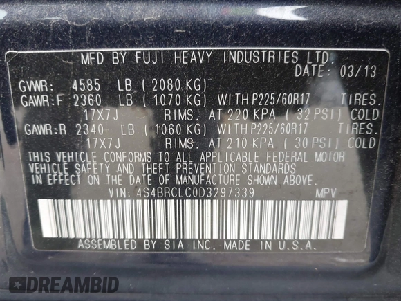 2013 Subaru Outback Limited с VIN 4S4BRCLC0D3297339, выставлен на аукционе IAAI как лот 42302845 с пробегом 144 941 миль миль и . История ставок и продаж доступна на DreamBid. Изображение 9.