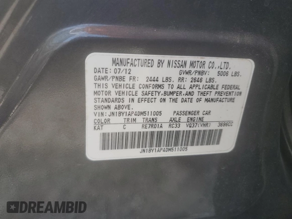 2013 Infiniti M с VIN JN1BY1AP4DM511005, выставлен на аукционе Copart как лот 57315045 с пробегом 184 025 миль миль и Списание • Salvage title. История ставок и продаж доступна на DreamBid. Изображение 12.