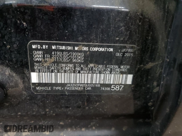 2016 Mitsubishi Lancer SE with VIN JA32V2FW2GU005168, listed as a Copart auction lot 74809854 with 82,466 mi miles and Non Repairable. Bid and sale history available at DreamBid. Image 12.