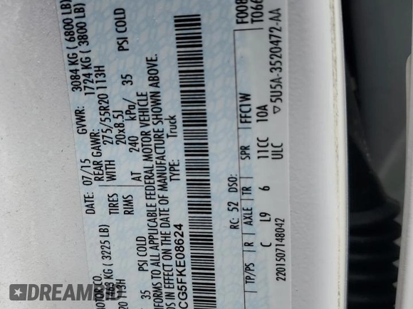2015 Ford F-150 XL with VIN 1FTEW1CG5FKE08624, listed as a Copart auction lot 60282835 with 141,751 mi miles and Salvage title. Bid and sale history available at DreamBid. Image 13.
