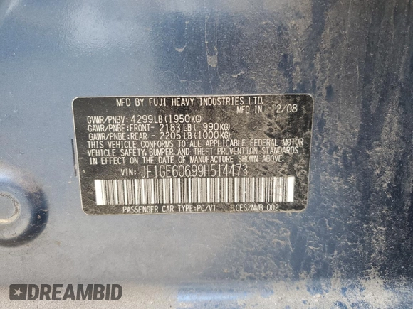 2009 Subaru Impreza i z VIN JF1GE60699H514473, wystawiony jako Copart lot #58254675 z przebiegiem 97 754 mil mil oraz Szkoda całkowita • Salvage title. Historia ofert i sprzedaży dostępna na DreamBid. Obrazek 12.