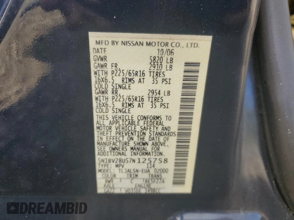 2007 Nissan Quest S with VIN 5N1BV28U57N125758, listed as a Copart auction lot 68835924 with 112,126 mi miles and Salvage Title. Bid and sale history available at carsss.com. Image 13.