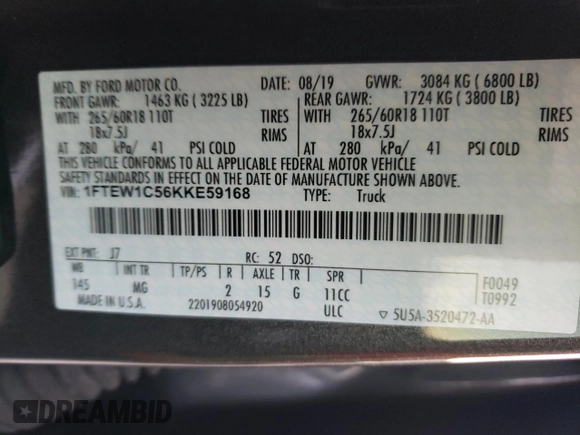 2019 Ford F-150 XL with VIN 1FTEW1C56KKE59168, listed as a Copart auction lot 50355515 with 68,236 mi miles and Salvage Title. Bid and sale history available at DreamBid. Image 13.