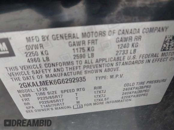 2016 GMC Terrain SLE with VIN 2GKALMEK6G6292935, listed as a IAAI auction lot 41646457 with 136,115 mi miles and . Bid and sale history available at DreamBid. Image 9.