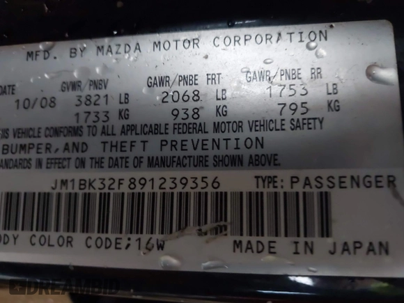 2009 Mazda 3 i Touring Value with VIN JM1BK32F891239356, listed as a IAAI auction lot 42164917 with 207,518 mi miles and . Bid and sale history available at DreamBid. Image 9.