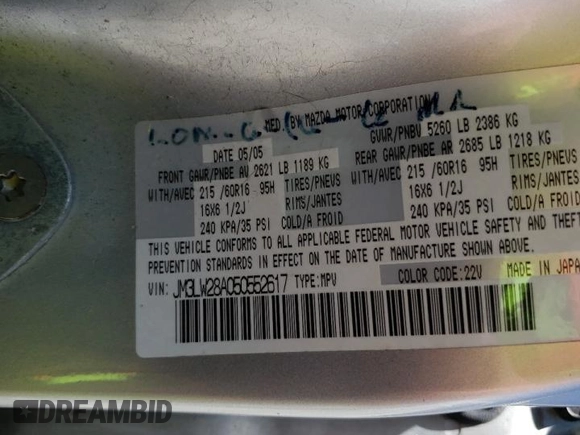 2005 Mazda MPV LX z VIN JM3LW28A050552617, wystawiony jako Copart lot #46936932 z przebiegiem 260 897 mil mil oraz Nie do naprawy • Non repairable. Historia ofert i sprzedaży dostępna na DreamBid. Obrazek 10.