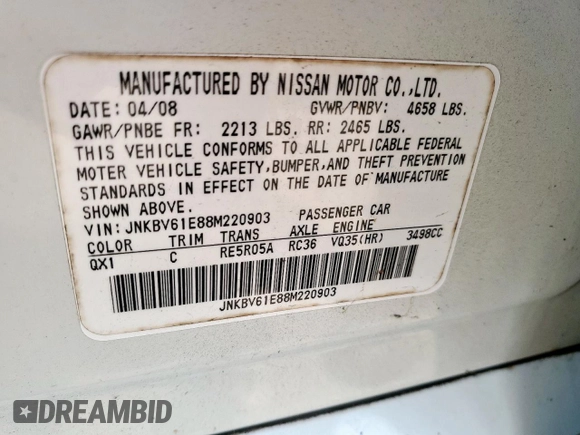 2008 Infiniti G35 Journey with VIN JNKBV61E88M220903, listed as a Copart auction lot 60432025 with 277,896 mi miles and Clean title. Bid and sale history available at DreamBid. Image 12.