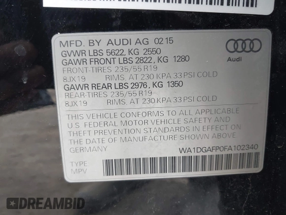 2015 Audi Q5 Premium Plus with VIN WA1DGAFP0FA102340, listed as a IAAI auction lot 42619358 with 82,870 mi miles and . Bid and sale history available at DreamBid. Image 9.