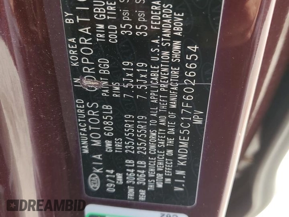 2015 Kia Sedona SX-L with VIN KNDME5C17F6026654, listed as a Copart auction lot 53024285 with 142,351 mi miles and Salvage Title. Bid and sale history available at DreamBid. Image 13.