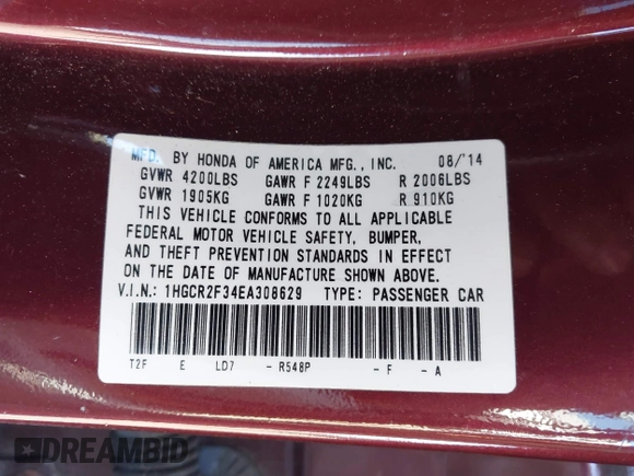 2014 Honda Accord LX with VIN 1HGCR2F34EA308629, listed as a IAAI auction lot 41976263 with 74,329 mi miles and . Bid and sale history available at carsss.com. Image 9.