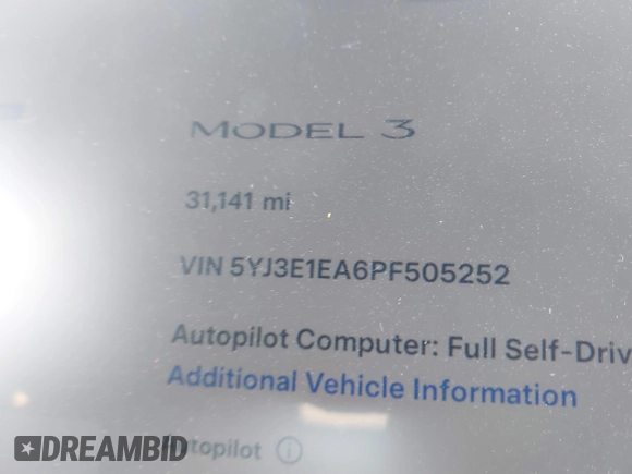 2023 Tesla Model 3 with VIN 5YJ3E1EA6PF505252, listed as a IAAI auction lot 41380172 with 31,141 mi miles and . Bid and sale history available at DreamBid. Image 7.