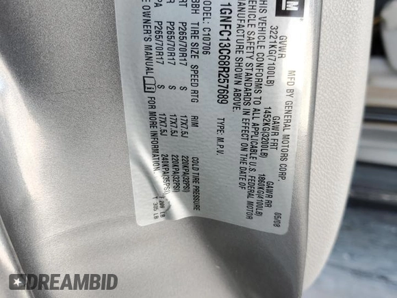 2008 Chevrolet Tahoe LS с VIN 1GNFC13C68R257689, выставлен на аукционе Copart как лот 44227605 с пробегом 194 458 миль миль и Списание • Salvage title. История ставок и продаж доступна на DreamBid. Изображение 15.