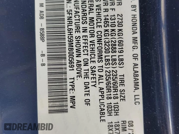 2021 Honda Odyssey EX with VIN 5FNRL6H59MB005691, listed as a Copart auction lot 55347265 with 45,060 mi miles and Clean Title. Bid and sale history available at DreamBid. Image 13.