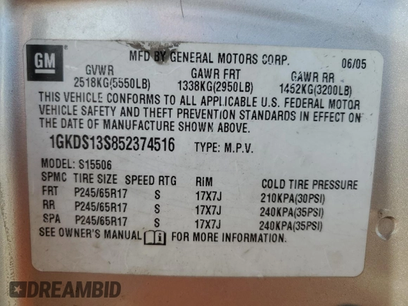2005 GMC Envoy SLE with VIN 1GKDS13S852374516, listed as a Copart auction lot 42409725 with 299,816 mi miles and Salvage Title. Bid and sale history available at carsss.com. Image 13.
