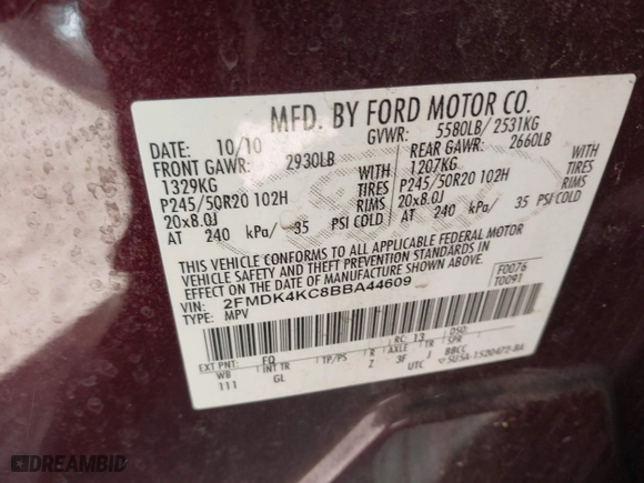 2011 Ford Edge Limited with VIN 2FMDK4KC8BBA44609, listed as a IAAI auction lot 41714494 with 114,228 mi miles. Bid and sale history available at carsss.com. Image 9.