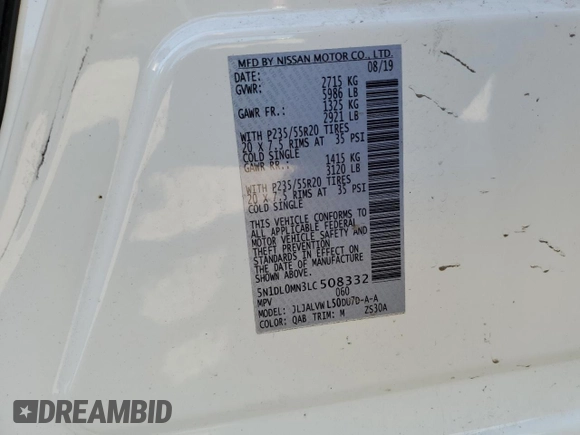 2020 Infiniti QX60 Luxe with VIN 5N1DL0MN3LC508332, listed as a Copart auction lot 53514535 with 77,963 mi miles and Salvage title. Bid and sale history available at DreamBid. Image 13.