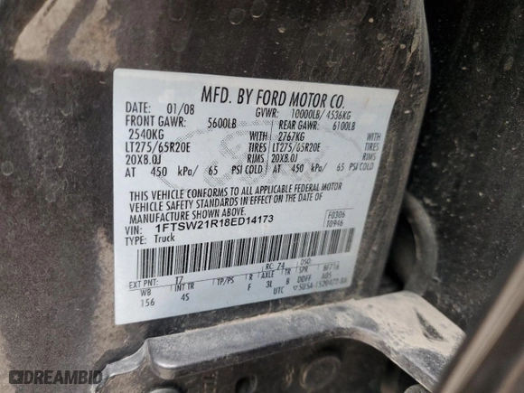 2008 Ford Super Duty F-250 SRW XL with VIN 1FTSW21R18ED14173, listed as a Copart auction lot 45029905 with 194,930 mi miles and Salvage Title. Bid and sale history available at carsss.com. Image 12.