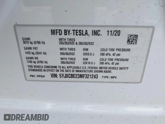 2021 Tesla Model X Long Range Plus with VIN 5YJXCBE23MF321243, listed as a IAAI auction lot 42100580 with 59,878 mi miles and . Bid and sale history available at carsss.com. Image 9.