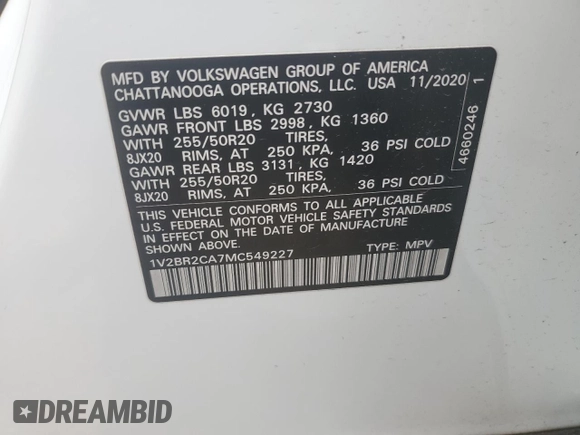 2021 Volkswagen Atlas SEL with VIN 1V2BR2CA7MC549227, listed as a Copart auction lot 59127625 with 35,698 mi miles and Salvage title. Bid and sale history available at DreamBid. Image 13.