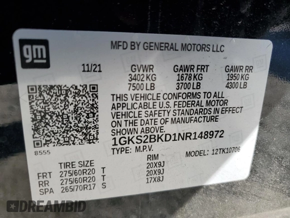 2022 GMC Yukon SLT with VIN 1GKS2BKD1NR148972, listed as a Copart auction lot 45139625 with 25,640 mi miles and Salvage Title. Bid and sale history available at carsss.com. Image 13.