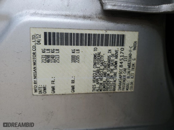 2012 Nissan Maxima 3.5 SV with VIN 1N4AA5AP3CC845170, listed as a Copart auction lot 49851015 with 150,390 mi miles and Salvage Title. Bid and sale history available at carsss.com. Image 15.