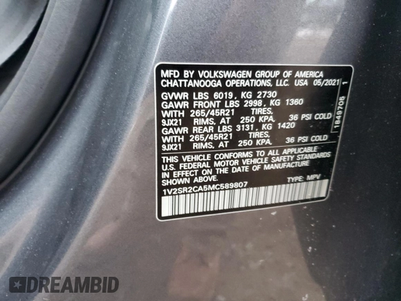 2021 Volkswagen Atlas SEL R-Line z VIN 1V2SR2CA5MC589807, wystawiony jako Copart lot #89106905 z przebiegiem 62 864 mil mil oraz Szkoda całkowita • Salvage title. Historia ofert i sprzedaży dostępna na DreamBid. Obrazek 15.