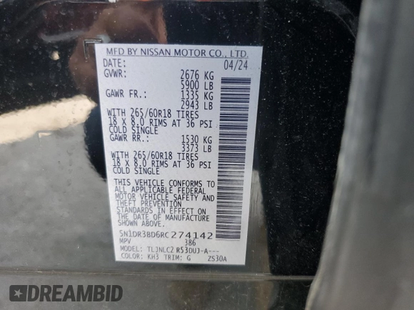 2024 Nissan Pathfinder Rock Creek with VIN 5N1DR3BD6RC274142, listed as a Copart auction lot 59990055 with 9,921 mi miles and Salvage title. Bid and sale history available at DreamBid. Image 13.