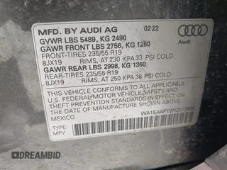 2022 Audi Q5 S line Premium Plus with VIN WA1EAAFY2N2072698, listed as a IAAI auction lot 42607942 with 42,796 mi miles and . Bid and sale history available at DreamBid. Image 9.