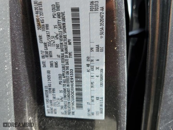 2017 Ford Escape SE with VIN 1FMCU0GDXHUE91333, listed as a Copart auction lot 73879814 with 0 mi miles and Non Repairable. Bid and sale history available at carsss.com. Image 13.