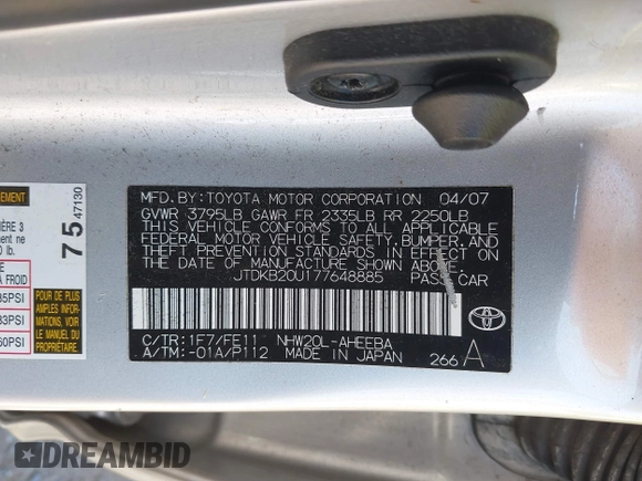 2007 Toyota Prius z VIN JTDKB20U177648885, wystawiony jako IAAI lot #42360348 z przebiegiem Nie podano mil oraz . Historia ofert i sprzedaży dostępna na DreamBid. Obrazek 9.