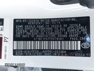 2015 Toyota Camry XLE z VIN 4T1BF1FK7FU478581, wystawiony jako IAAI lot #41827385 z przebiegiem 131 375 mil mil oraz . Historia ofert i sprzedaży dostępna na DreamBid. Obrazek 9.