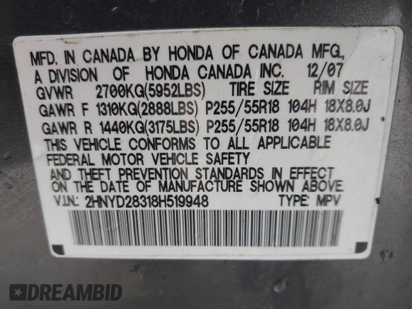 2008 Acura MDX Tech Pkg with VIN 2HNYD28318H519948, listed as a IAAI auction lot 41723960 with 227,090 mi miles. Bid and sale history available at carsss.com. Image 9.