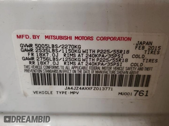 2015 Mitsubishi Outlander GT z VIN JA4JZ4AXXFZ013771, wystawiony jako Copart lot #60136855 z przebiegiem 175 489 mil mil oraz Szkoda całkowita • Salvage title. Historia ofert i sprzedaży dostępna na DreamBid. Obrazek 14.