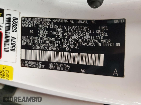 2013 Toyota Sienna XLE with VIN 5TDDK3DC9DS070424, listed as a Copart auction lot 61406715 with 193,583 mi miles and Salvage title. Bid and sale history available at DreamBid. Image 14.