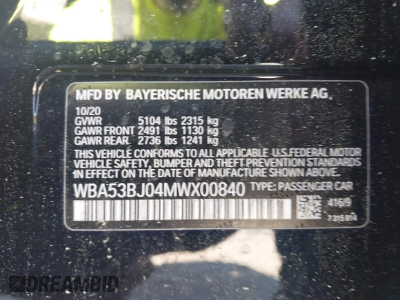2021 BMW 5 Series 540i z VIN WBA53BJ04MWX00840, wystawiony jako IAAI lot #42056206 z przebiegiem 33 486 mil mil oraz . Historia ofert i sprzedaży dostępna na DreamBid. Obrazek 9.