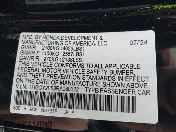 2024 Honda Accord Touring with VIN 1HGCY2F83RA080322, listed as a IAAI auction lot 42197386 with Not provided miles and . Bid and sale history available at DreamBid. Image 9.