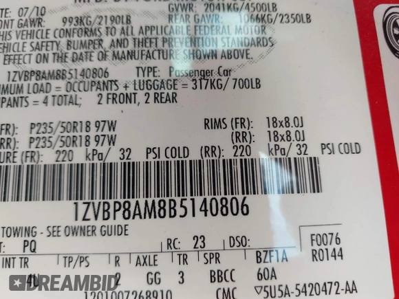2011 Ford Mustang V6 with VIN 1ZVBP8AM8B5140806, listed as a IAAI auction lot 42039210 with 47,883 mi miles and . Bid and sale history available at DreamBid. Image 9.