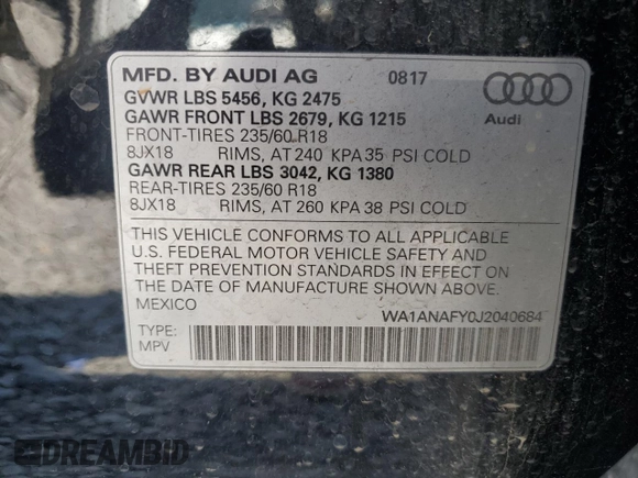 2018 Audi Q5 Premium with VIN WA1ANAFY0J2040684, listed as a Copart auction lot 54777815 with 77,504 mi miles and Salvage title. Bid and sale history available at DreamBid. Image 13.