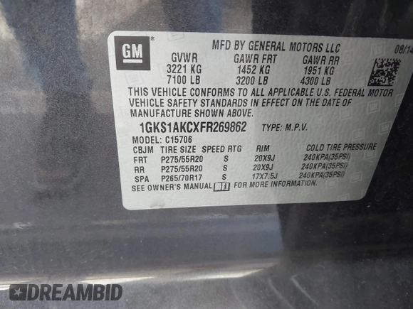 2015 GMC Yukon SLE with VIN 1GKS1AKCXFR269862, listed as a IAAI auction lot 41784763 with 156,286 mi miles. Bid and sale history available at carsss.com. Image 9.
