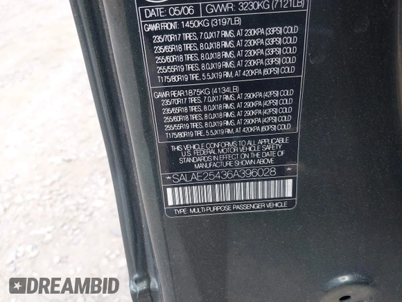 2006 Land Rover LR3 SE with VIN SALAE25436A396028, listed as a IAAI auction lot 42634180 with 151,426 mi miles and . Bid and sale history available at DreamBid. Image 9.