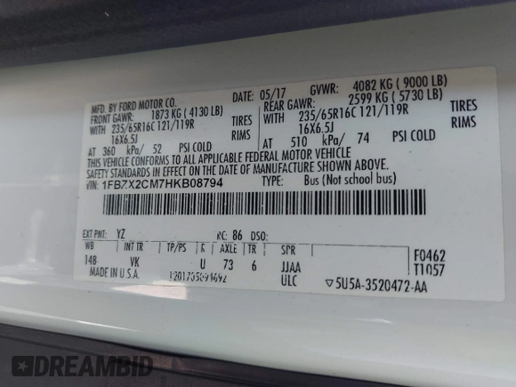 2017 Ford Transit Passenger XL with VIN 1FBZX2CM7HKB08794, listed as a IAAI auction lot 42312072 with 42,676 mi miles and . Bid and sale history available at DreamBid. Image 9.