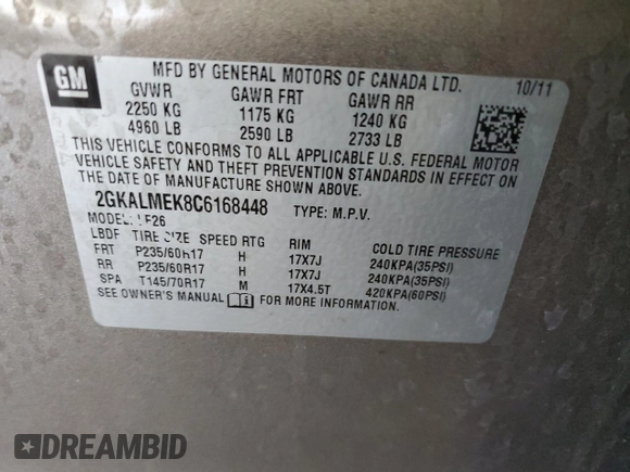 2012 GMC Terrain SLE-1 with VIN 2GKALMEK8C6168448, listed as a Copart auction lot 57317675 with 40,996 mi miles and Salvage title. Bid and sale history available at DreamBid. Image 13.